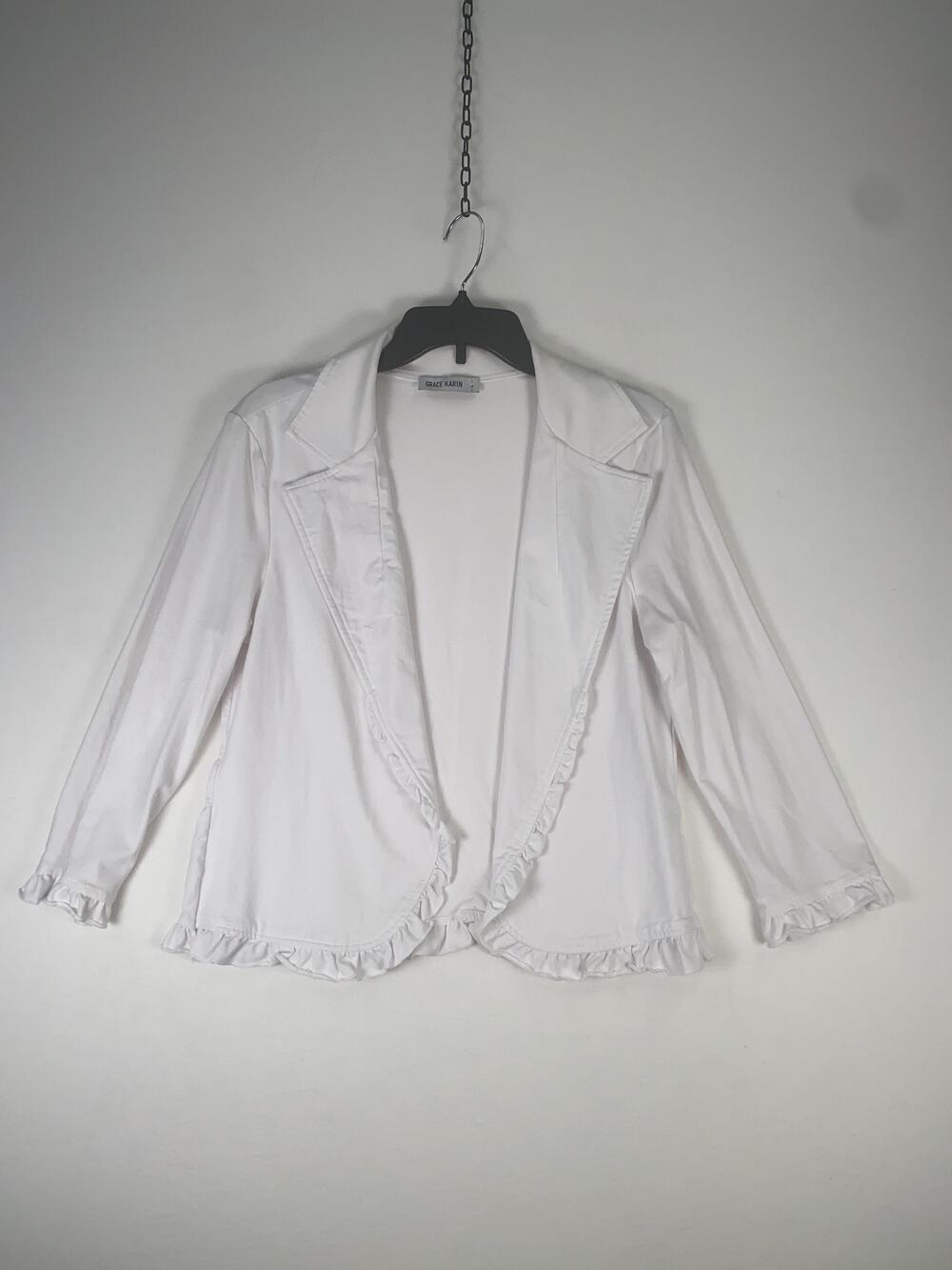 Grace Karin Blazer Womens Large White Ruffle Open Front Knit Jacket Stretch